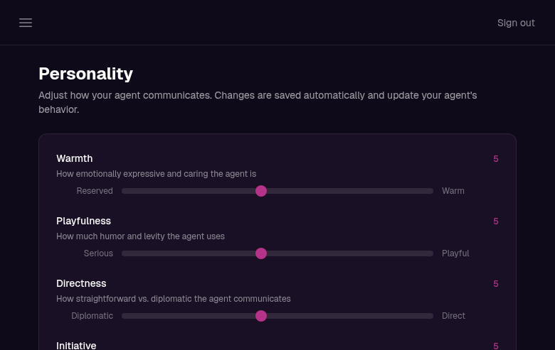 Personality tuning interface with adjustable sliders for warmth, playfulness, and directness